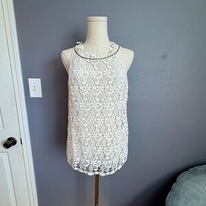 Yoana Baraschi Ivory Floral Lace Chiffon Sleeveless Blouse Chain Neck Trim Sz 8